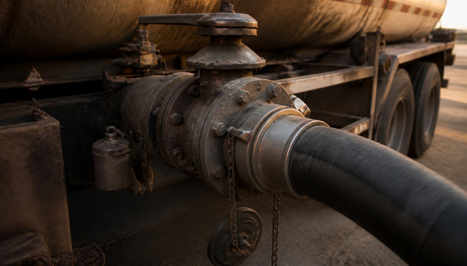 Close-up of a crude oil tanker trailer discharge valve and hose connection at dusk