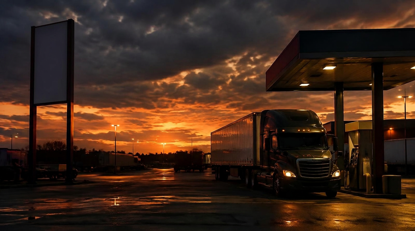 Tractor-trailer at a truck stop diesel island at dusk under a dark, stormy sky