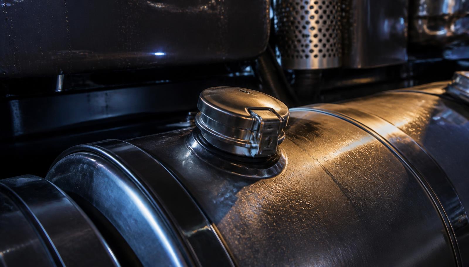 Close-up of a semi truck diesel tank and locking fuel cap at night