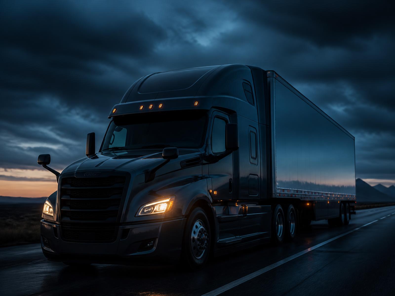 Freight moving along a highway corridor at dusk