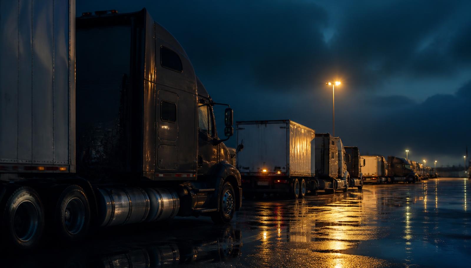 Tractor-trailers parked overnight in a dark truck yard with diesel saddle tanks lit by yard lamps