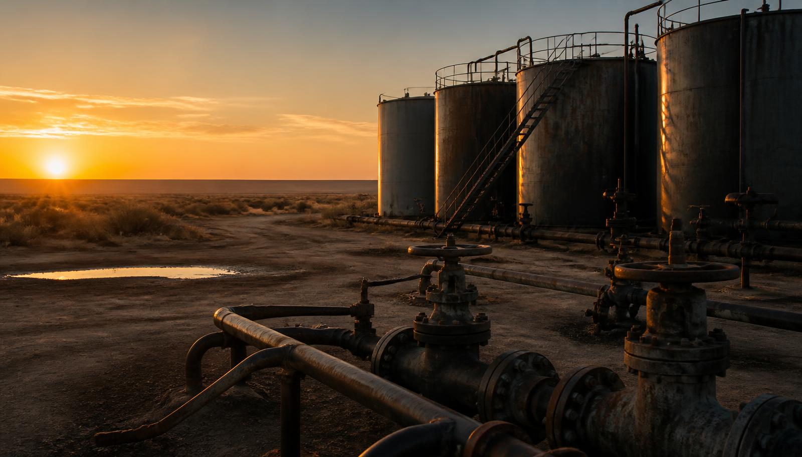 Crude oil tank battery with valves and piping at dawn in a remote West Texas Permian Basin oilfield