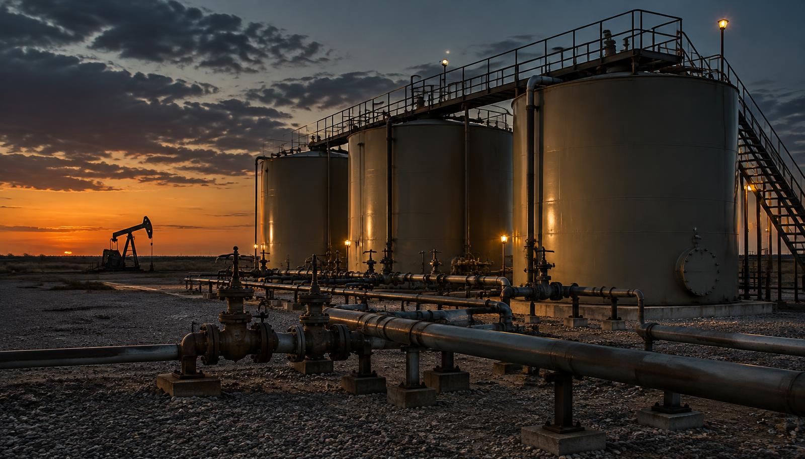 Crude oil tank battery with valves and piping at dusk in a remote oilfield