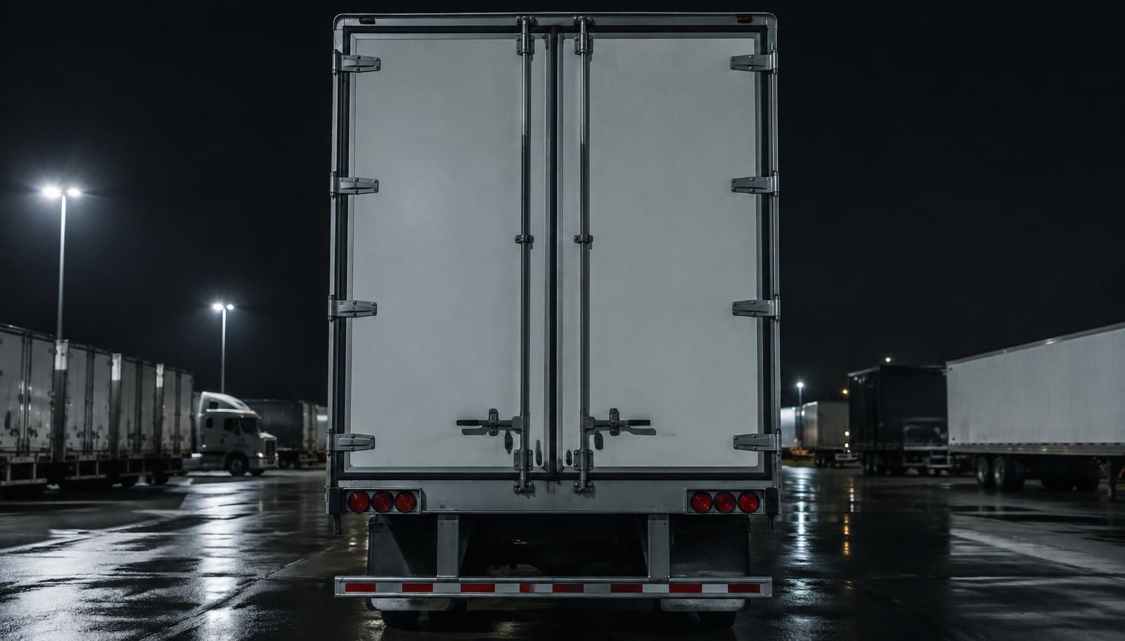 Rear doors of a dry van trailer parked in a truck lot at night under yard lights